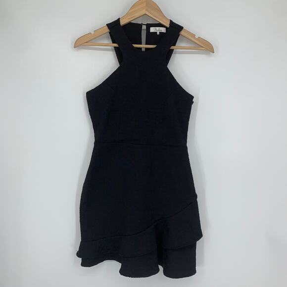 Parker Barcelona Cutout Racerback Halter Ruffle Hem Jacquard Mini Dress, Black - Picture 3 of 11